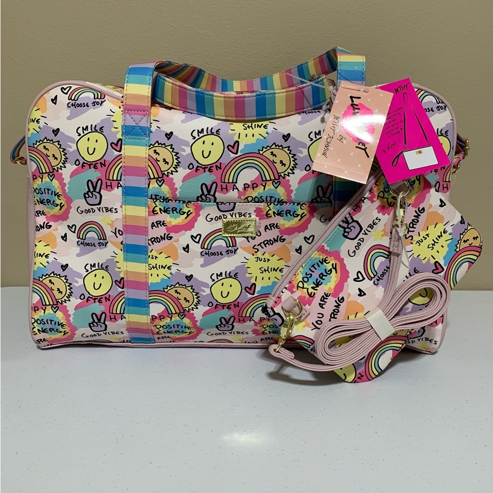 Betsey Johnson “Good Vibes” Weekender Travel Bag with Wristlet/Crossbody Bag-New